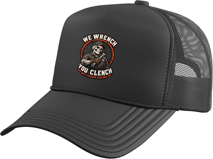 The Clencher trucker hat, showing the skull mechanic artwork on the front