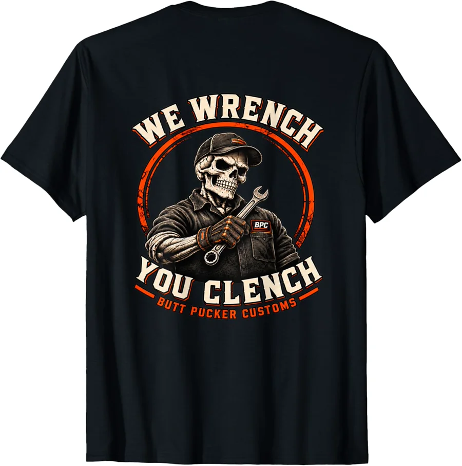 The Clencher T-shirt back, with skull mechanic artwork