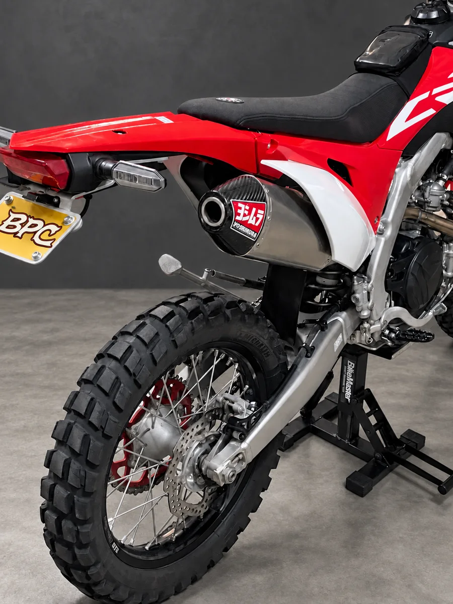 Rear of the Honda showing the Yoshimura exhaust and BPC plate
